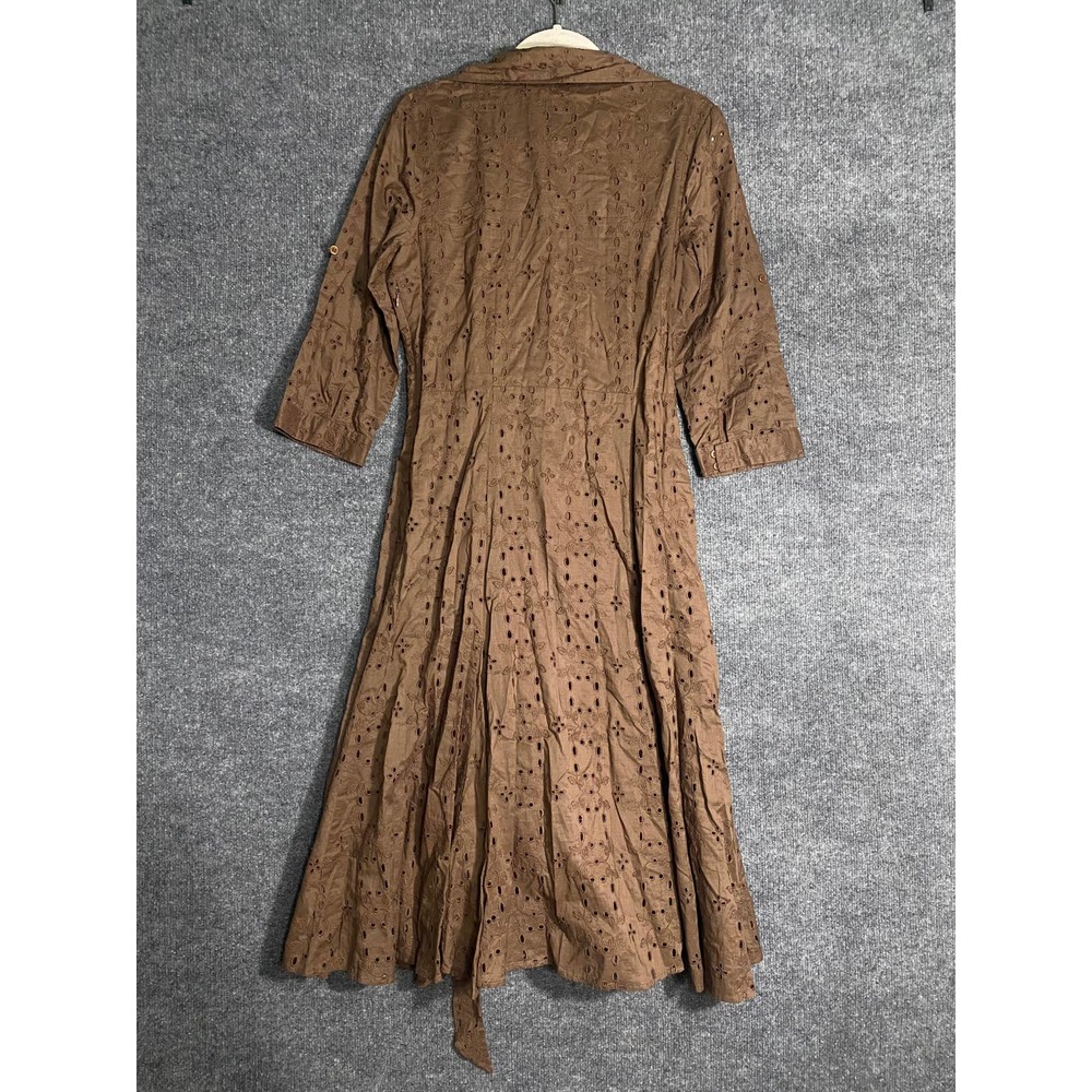 cAbi 545 Midi Dress 12 Large Brown Eyelet V-Neck A-Line Preppy - Picture 2 of 8